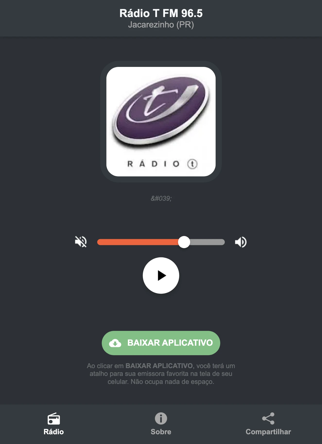 Screenshot do aplicativo da Rádio T FM 96.5
