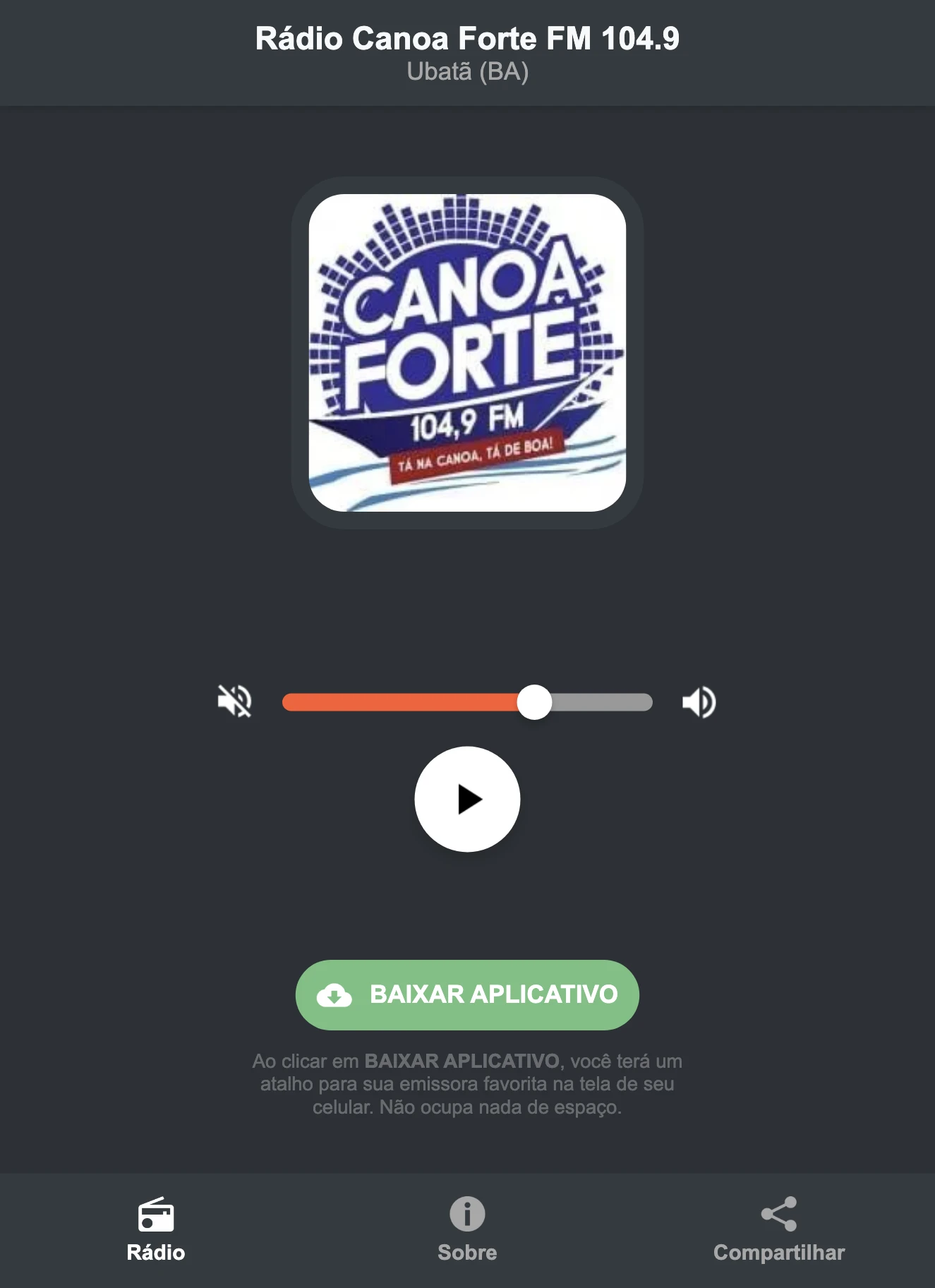 Screenshot do aplicativo da Rádio Canoa Forte FM 104.9