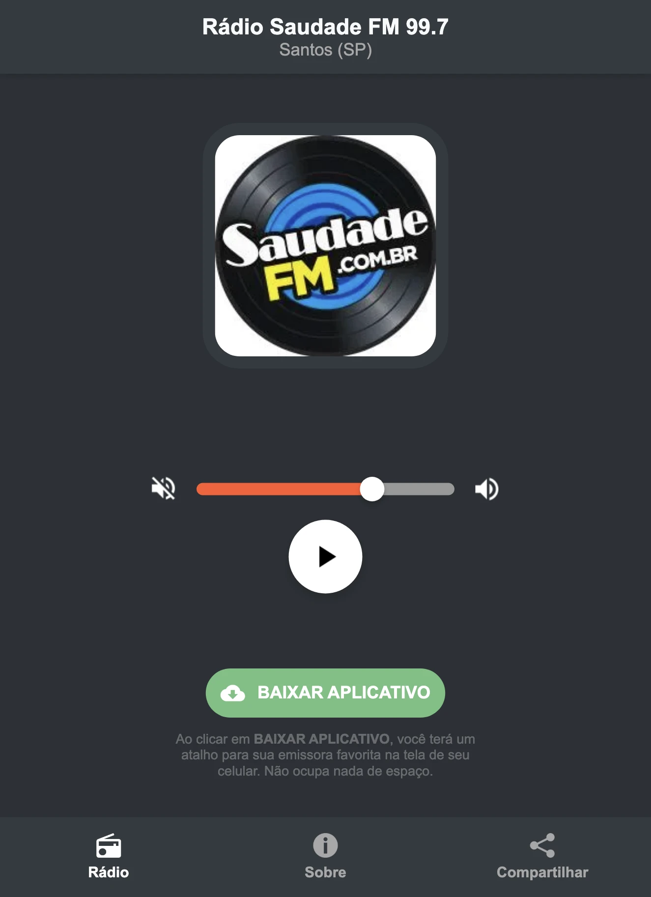 Screenshot do aplicativo da Rádio Saudade FM 99.7