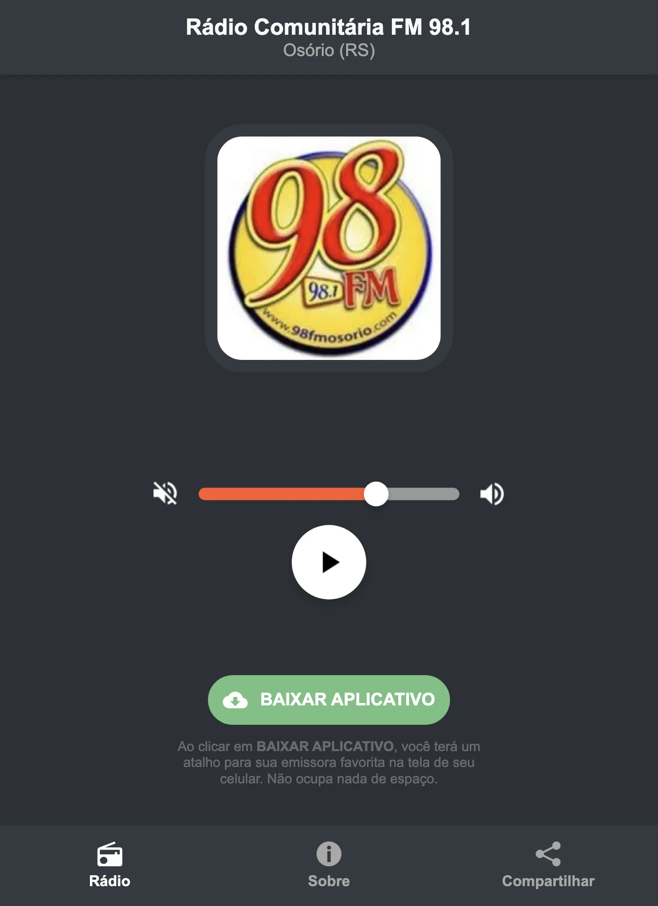 Screenshot do aplicativo da Rádio Comunitária FM 98.1