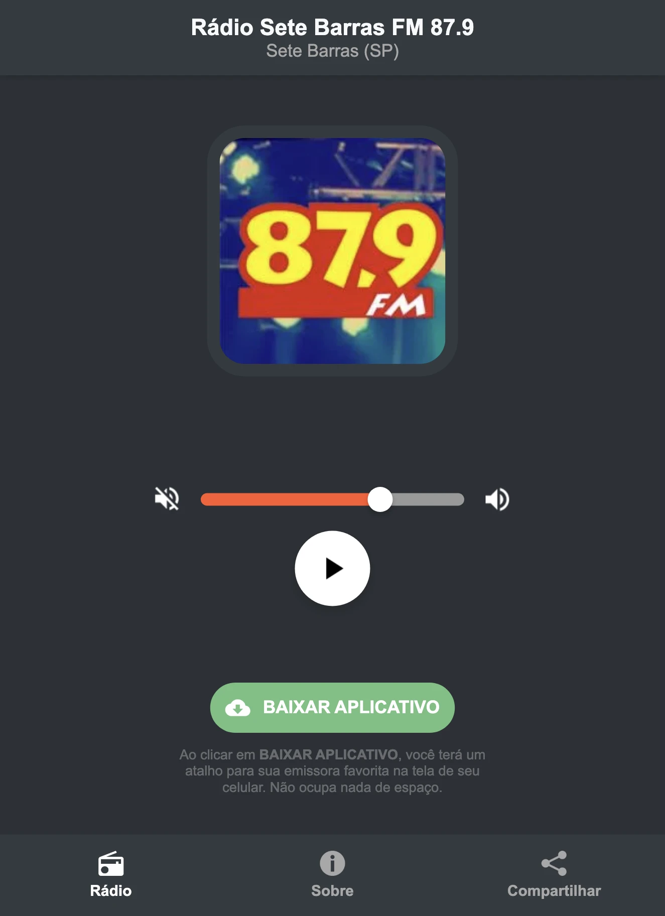 Screenshot do aplicativo da Rádio Sete Barras FM 87.9
