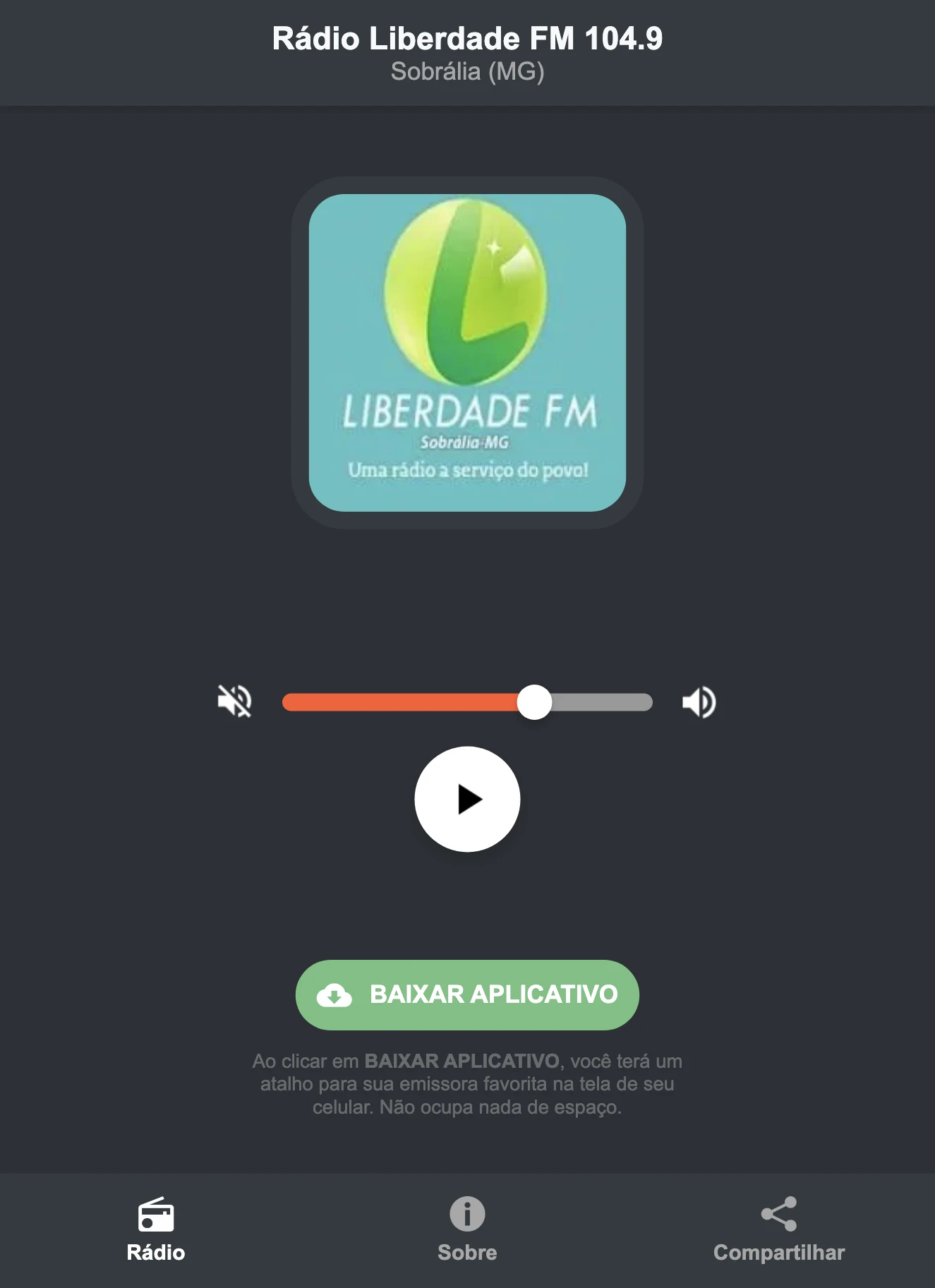 Screenshot do aplicativo da Rádio Liberdade FM 104.9