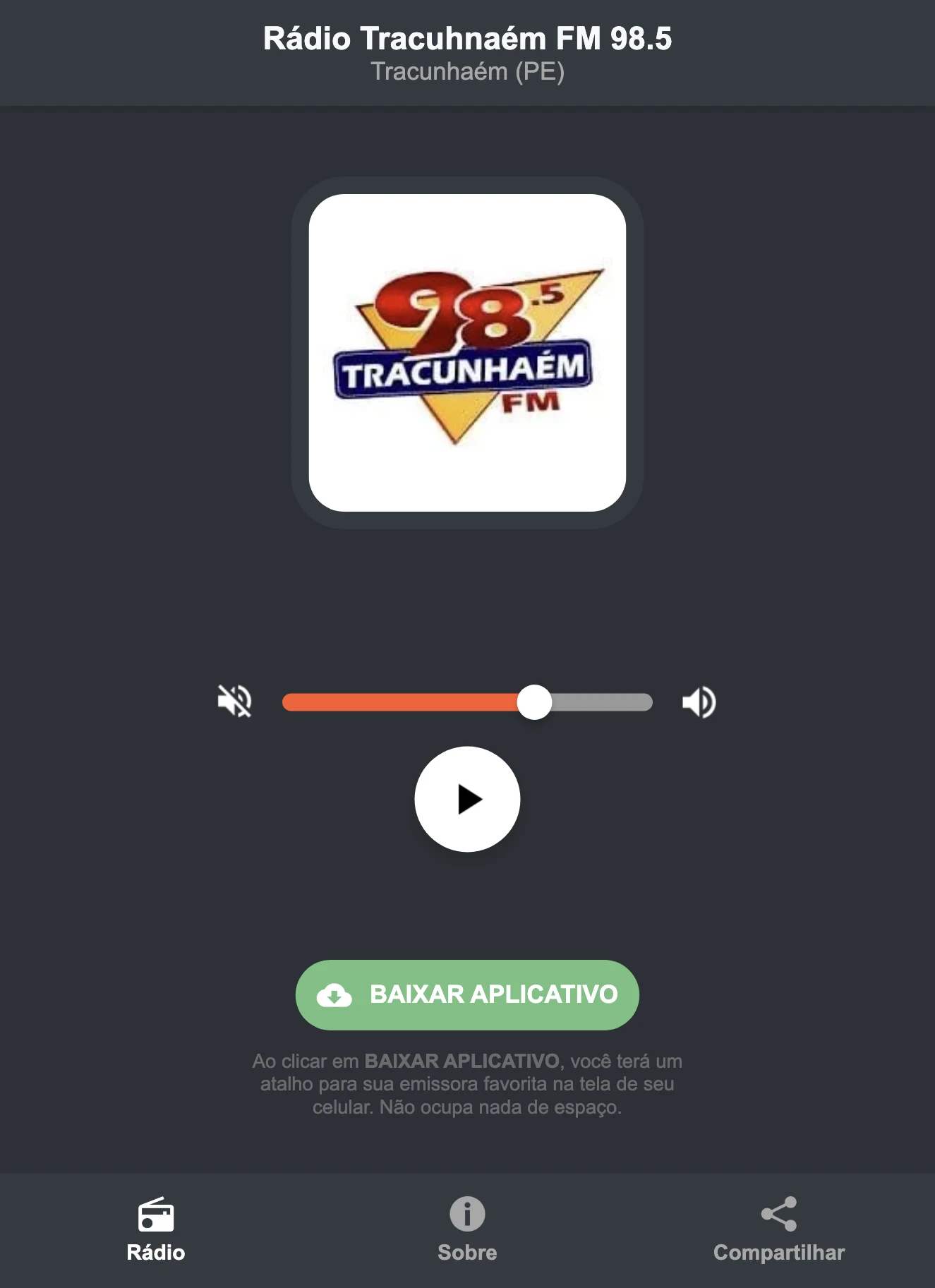 Screenshot do aplicativo da Rádio Tracuhnaém FM 98.5
