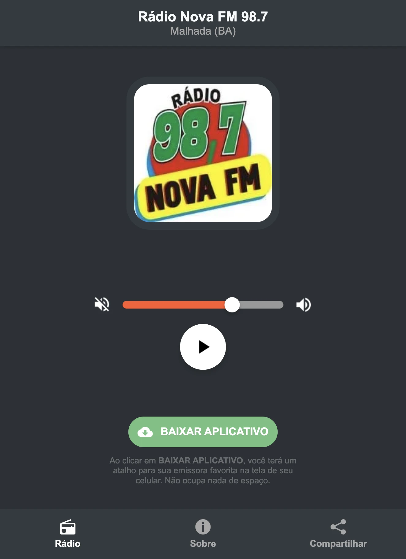 Screenshot do aplicativo da Rádio Nova FM 98.7