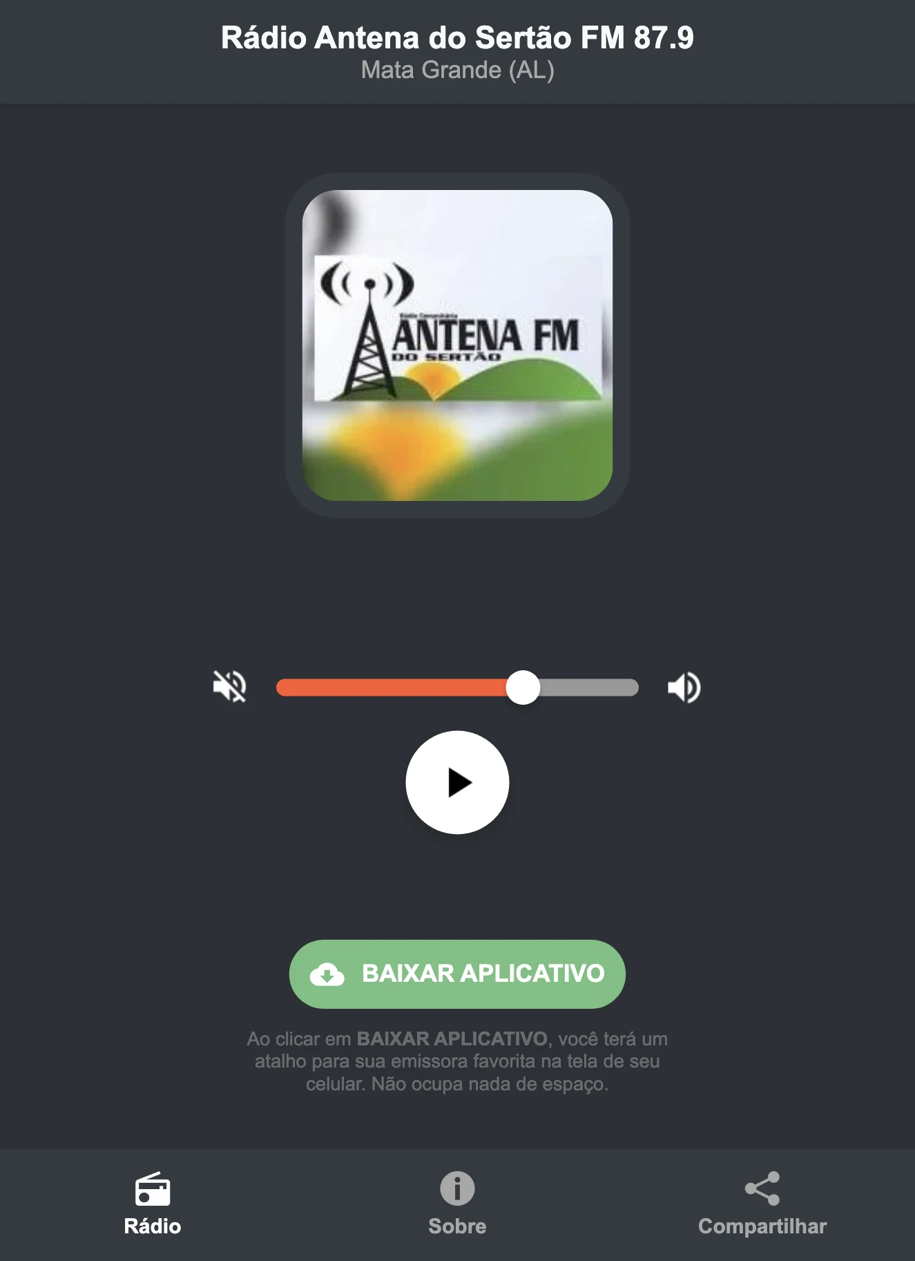 Screenshot do aplicativo da Rádio Antena do Sertão FM 87.9