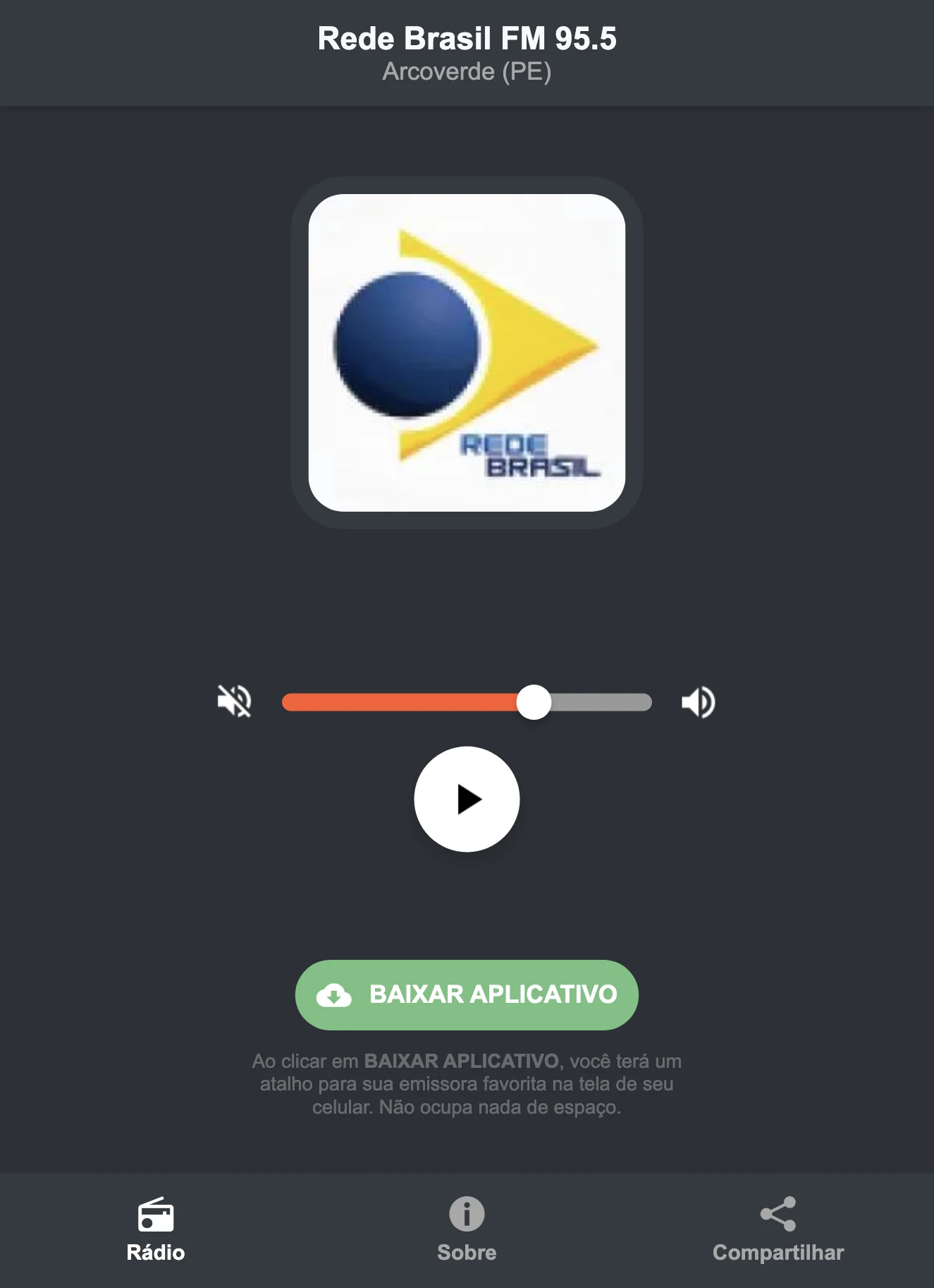Screenshot do aplicativo da Rede Brasil FM 95.5