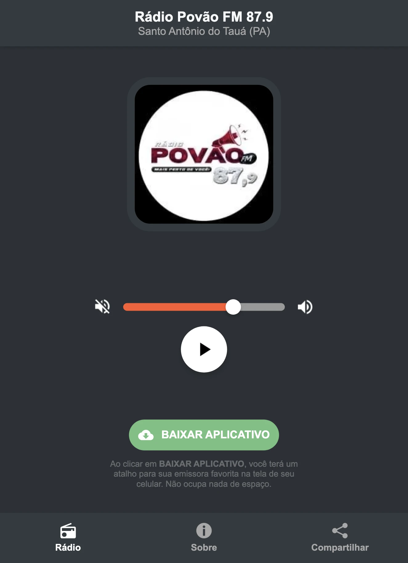 Screenshot do aplicativo da Rádio Povão FM 87.9