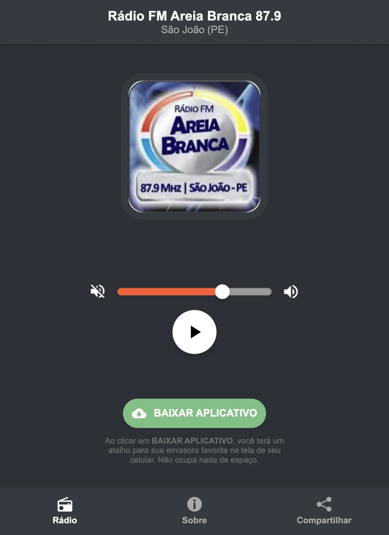 Screenshot do aplicativo da Rádio FM Areia Branca 87.9