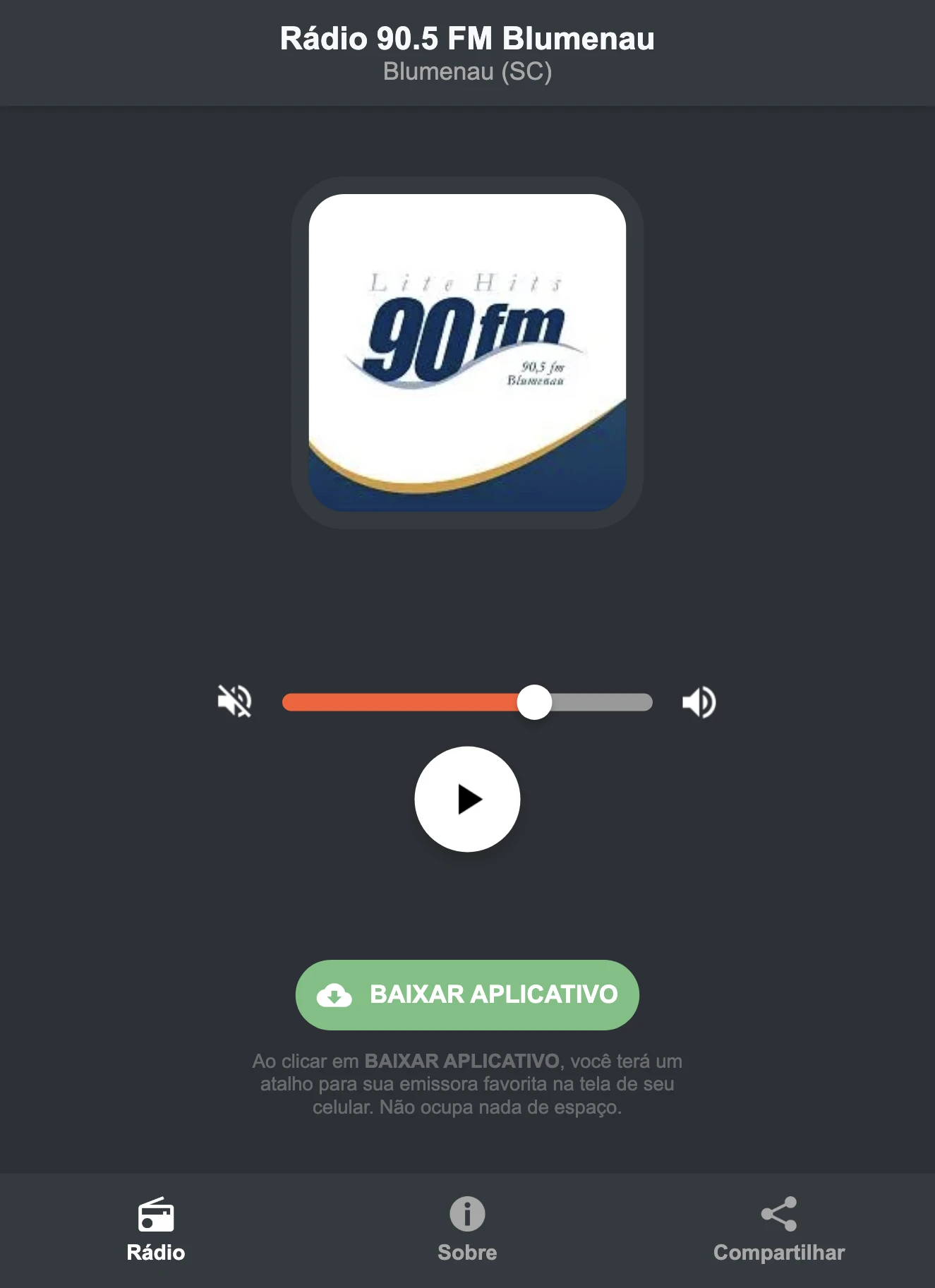 Screenshot do aplicativo da Rádio 90.5 FM Blumenau