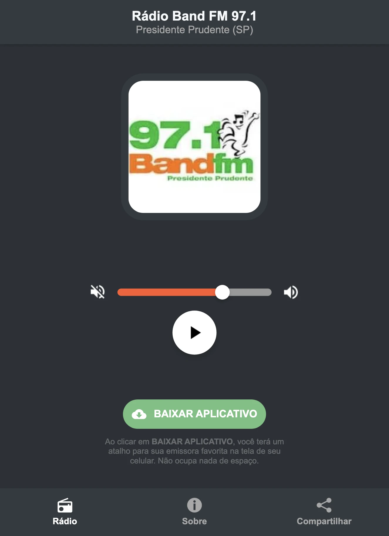 Screenshot do aplicativo da Rádio Band FM 97.1