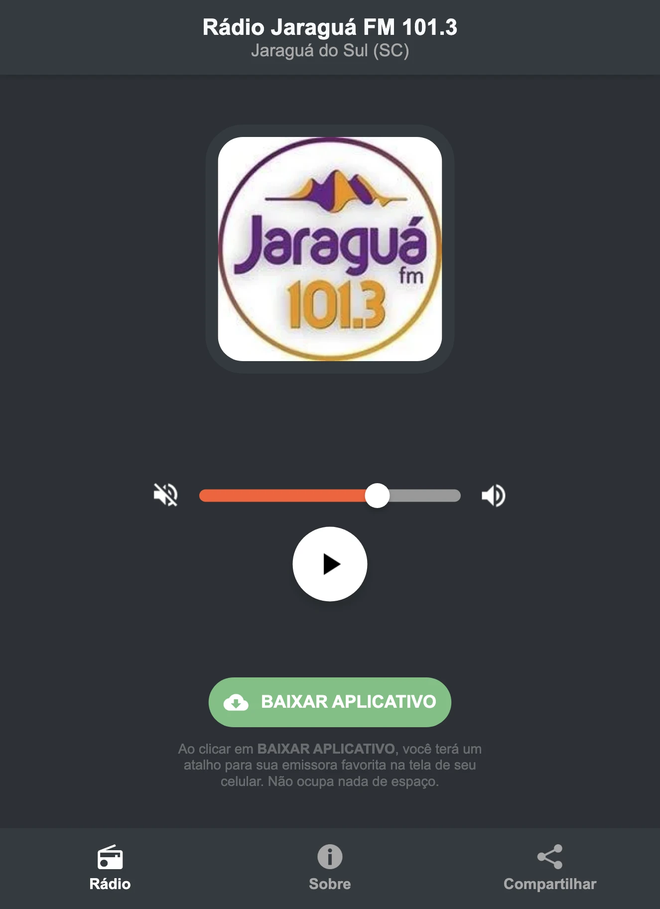 Screenshot do aplicativo da Rádio Jaraguá FM 101.3