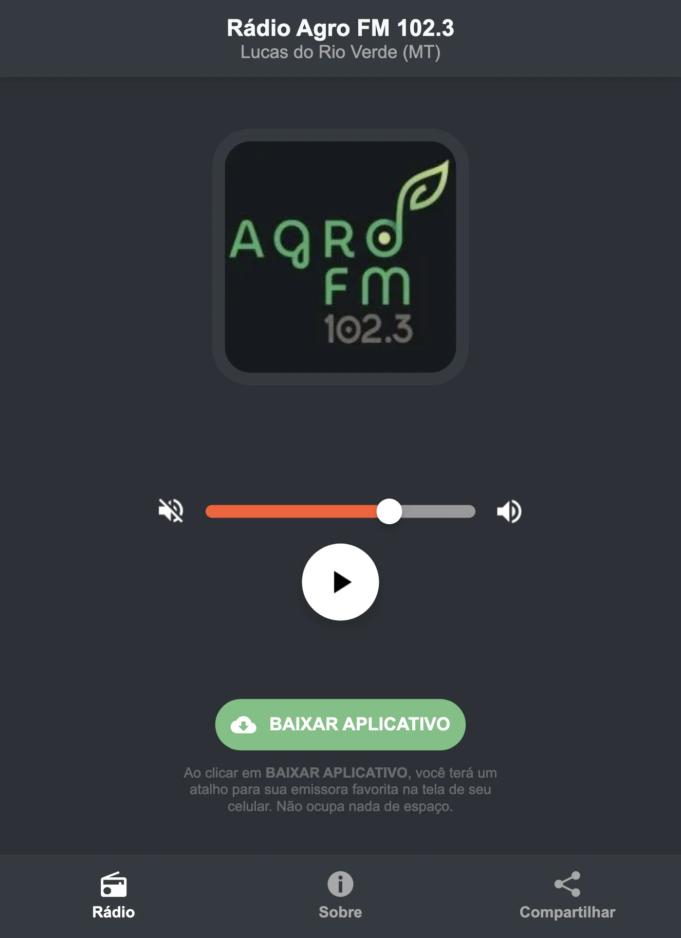 Screenshot do aplicativo da Rádio Agro FM 102.3