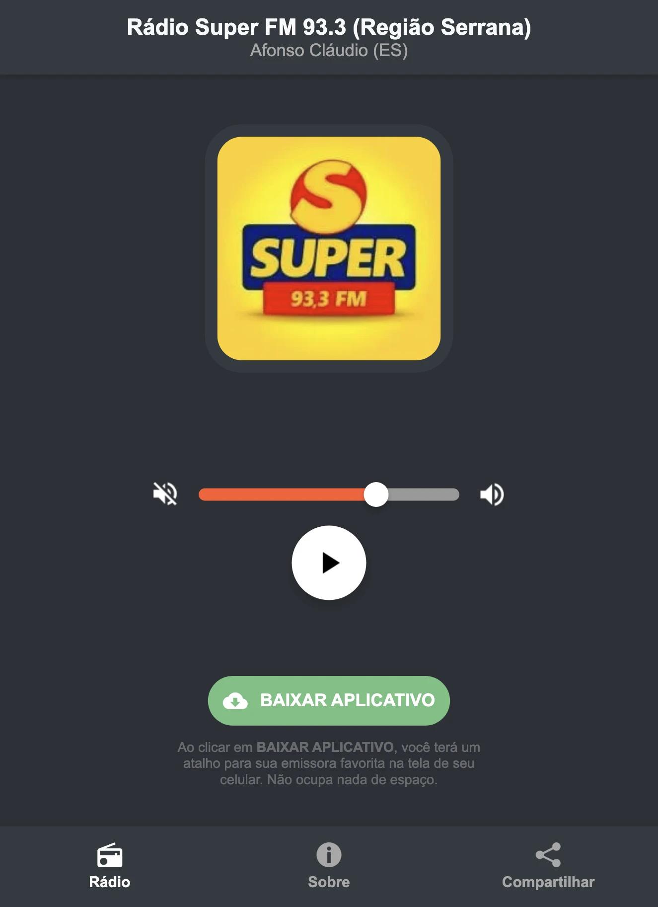 Screenshot do aplicativo da Rádio Super FM 93.3 (Região Serrana)