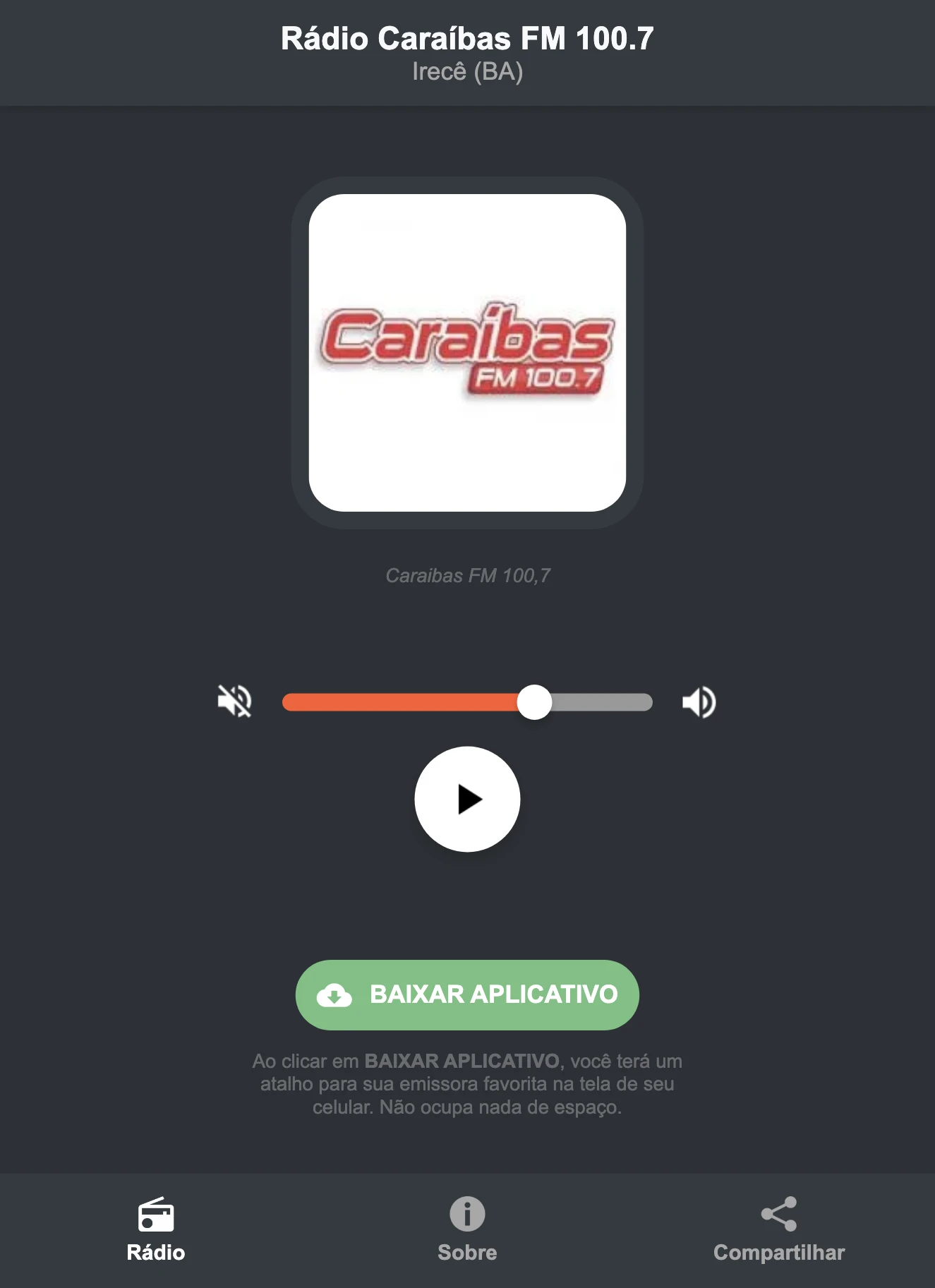 Screenshot do aplicativo da Rádio Caraíbas FM 100.7