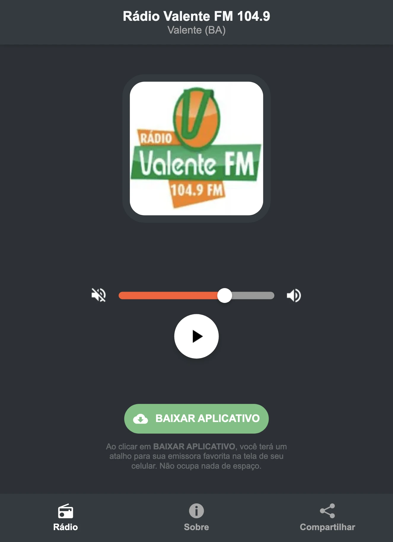 Screenshot do aplicativo da Rádio Valente FM 104.9