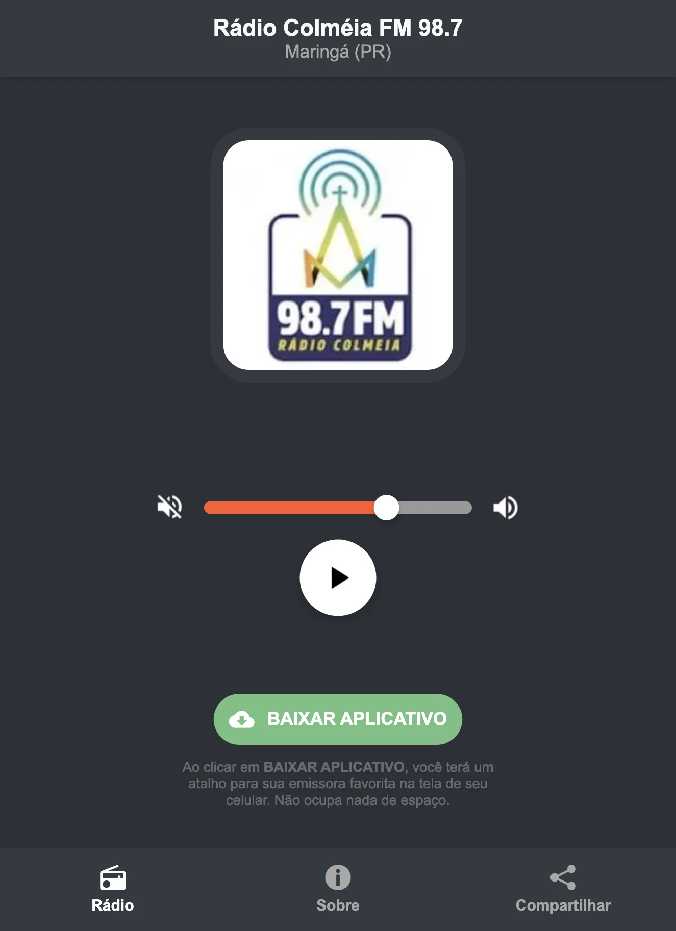 Screenshot do aplicativo da Rádio Colméia FM 98.7