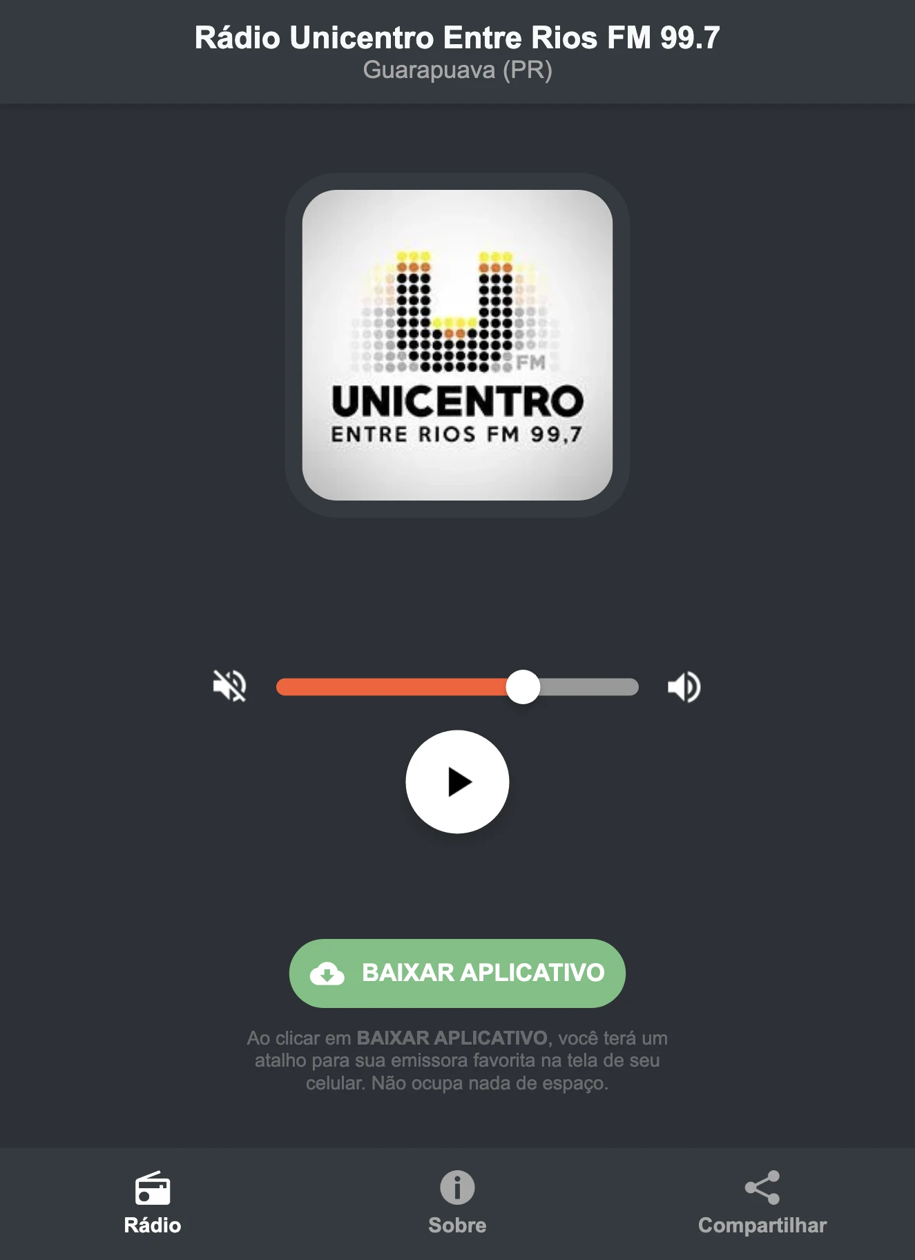 Screenshot do aplicativo da Rádio Unicentro Entre Rios FM 99.7