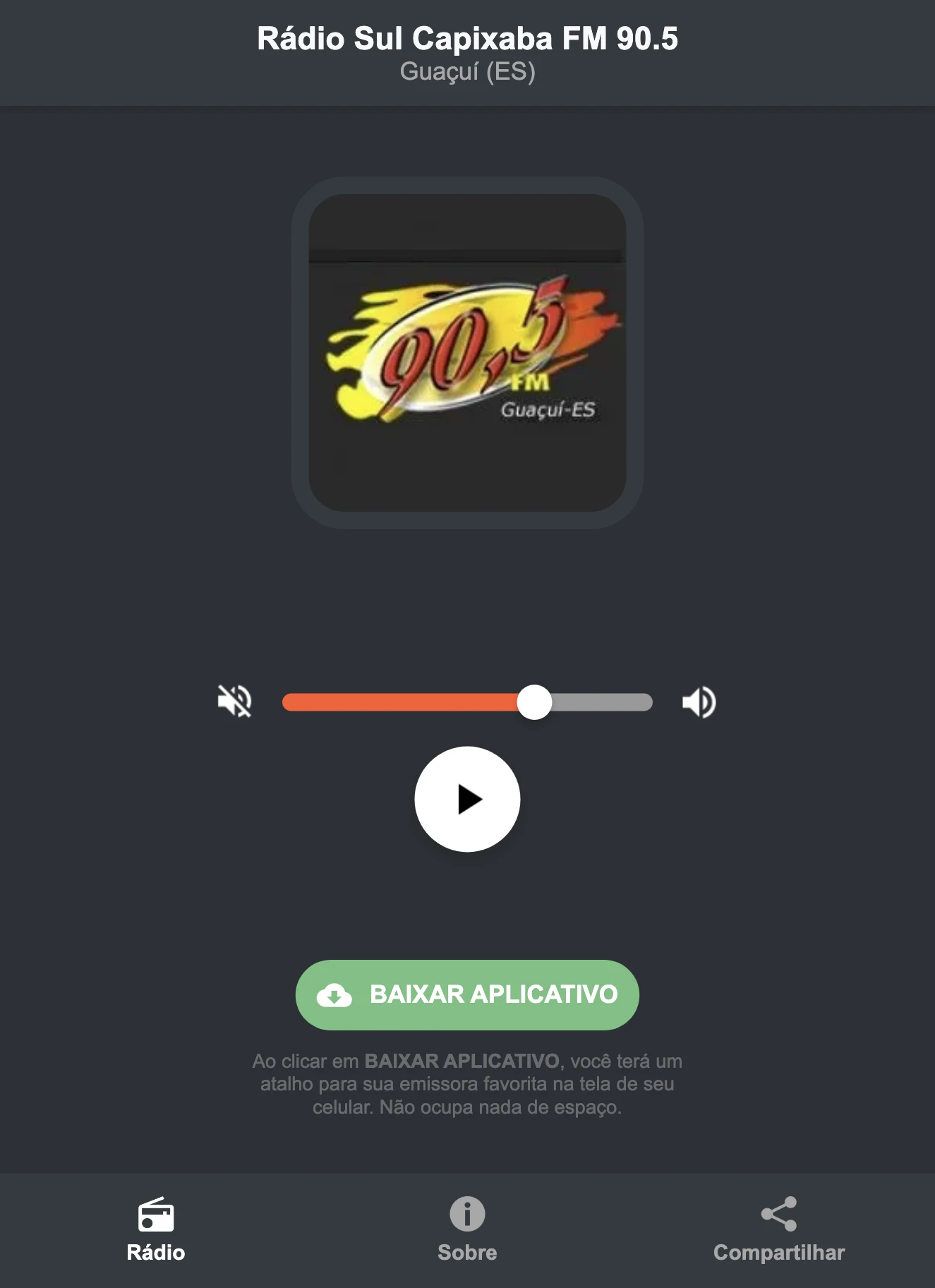 Screenshot do aplicativo da Rádio Sul Capixaba FM 90.5