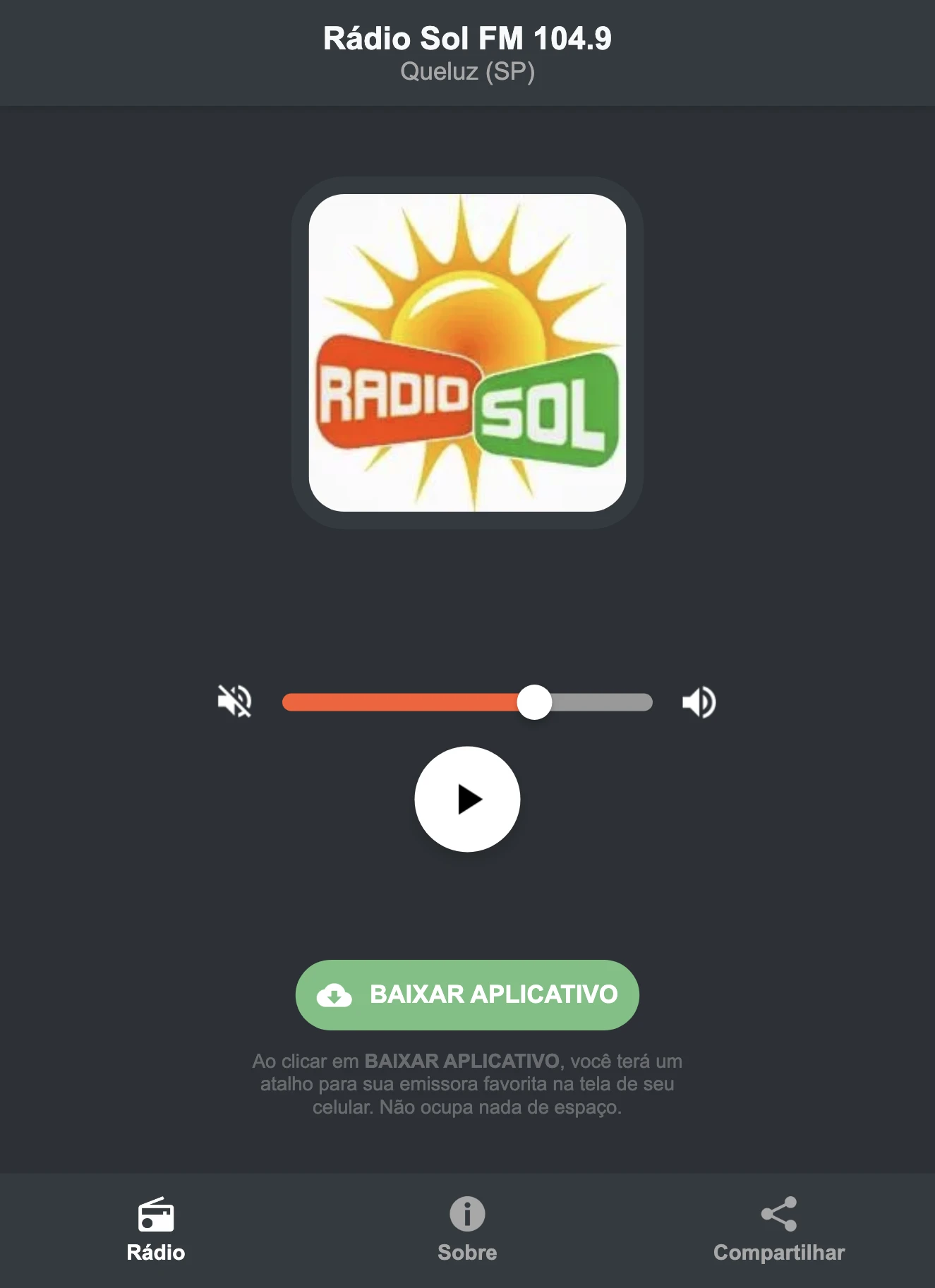 Screenshot do aplicativo da Rádio Sol FM 104.9