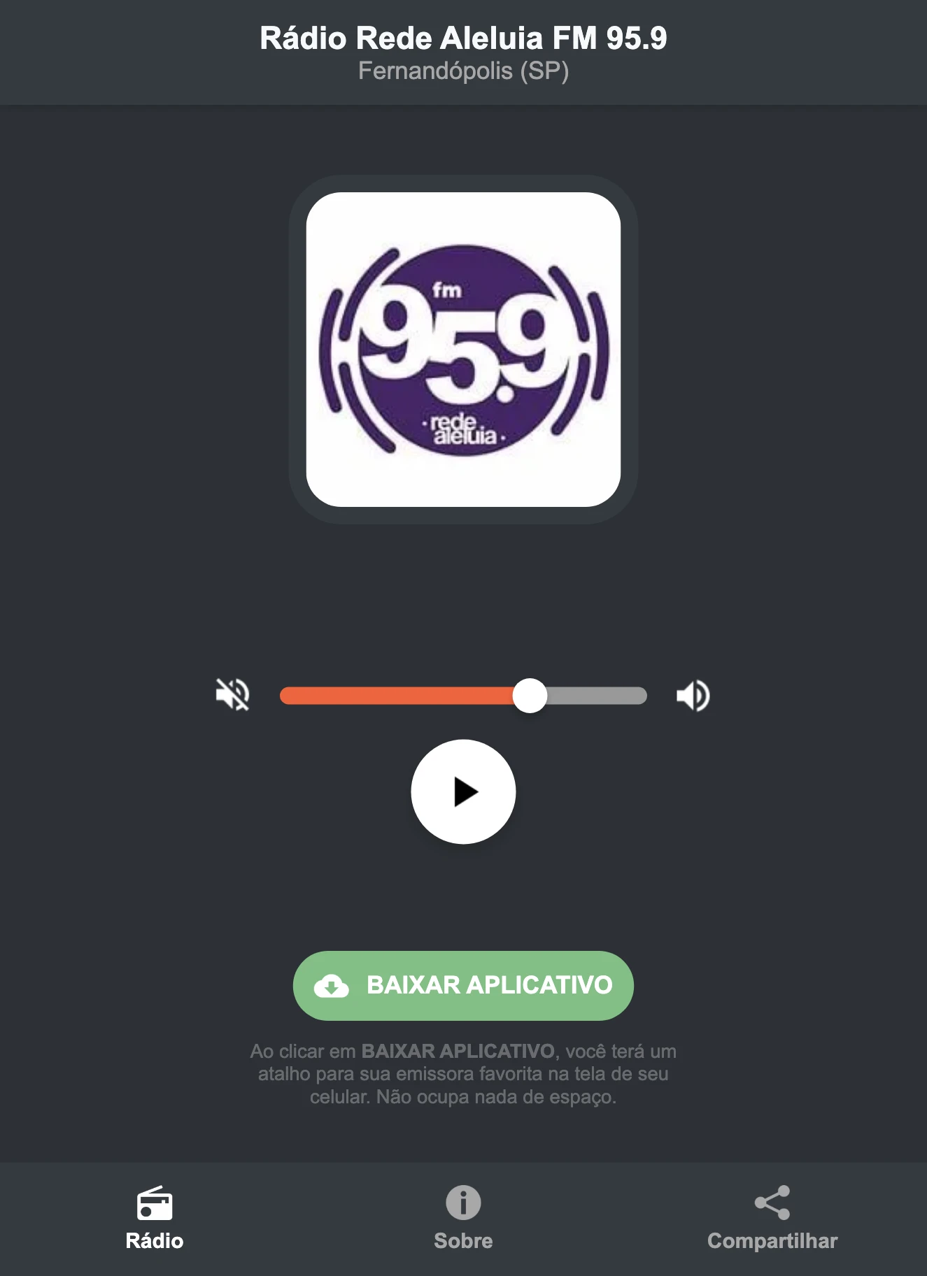 Screenshot do aplicativo da Rádio Rede Aleluia FM 95.9