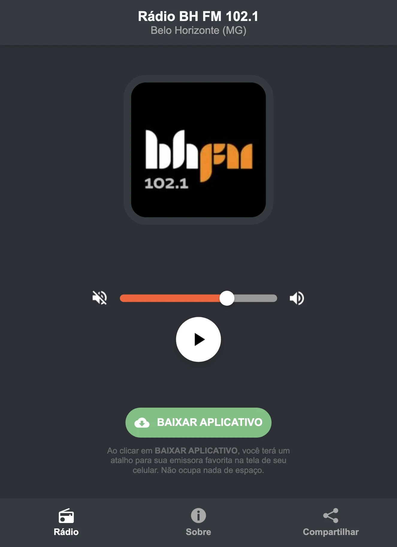 Screenshot do aplicativo da Rádio BH FM 102.1