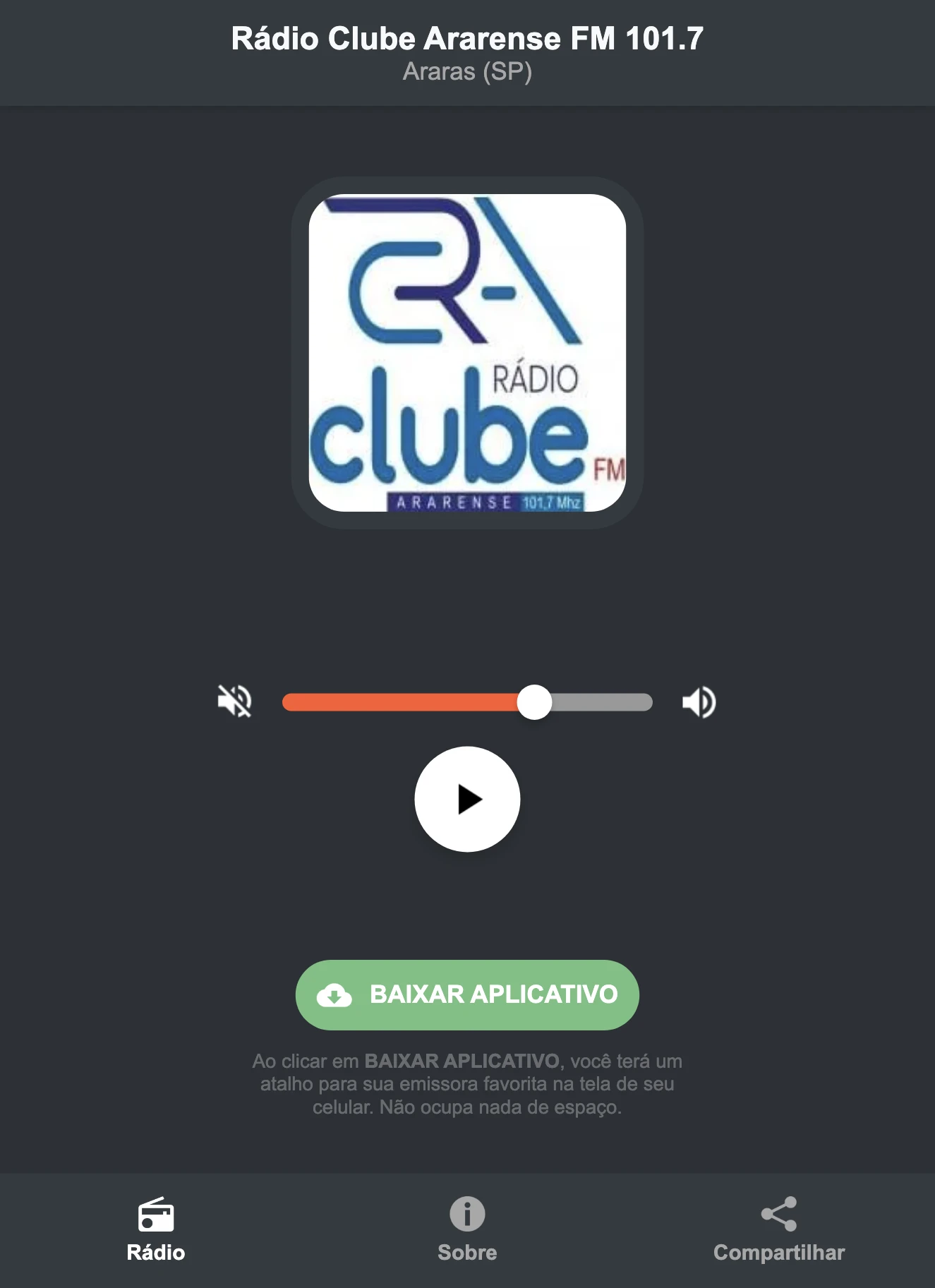 Screenshot do aplicativo da Rádio Clube Ararense FM 101.7