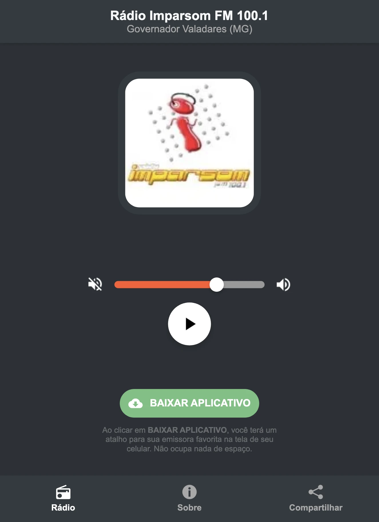 Screenshot do aplicativo da Rádio Imparsom FM 100.1
