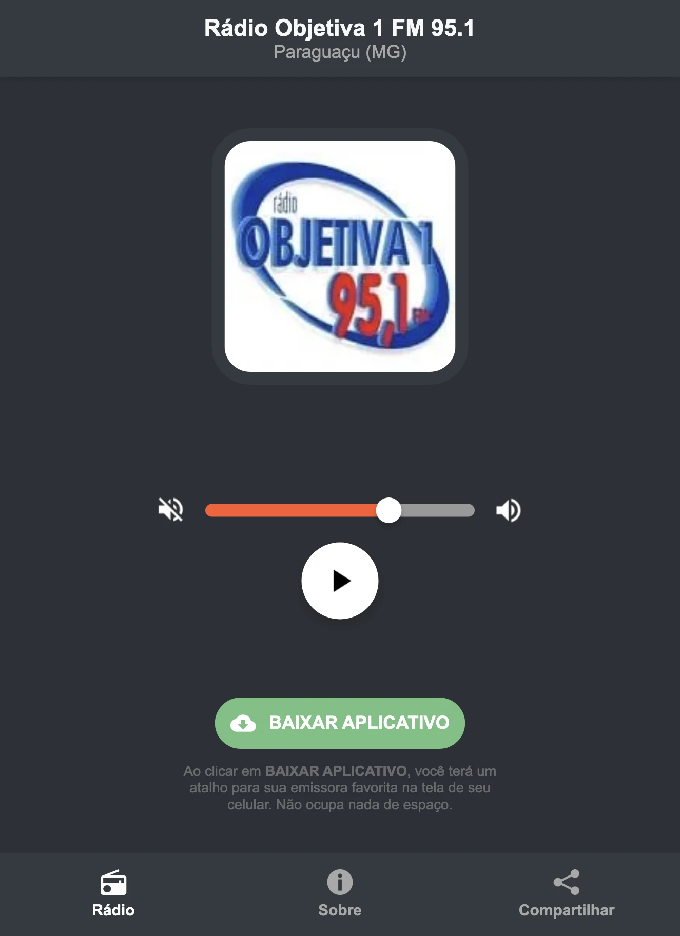 Screenshot do aplicativo da Rádio Objetiva 1 FM 95.1
