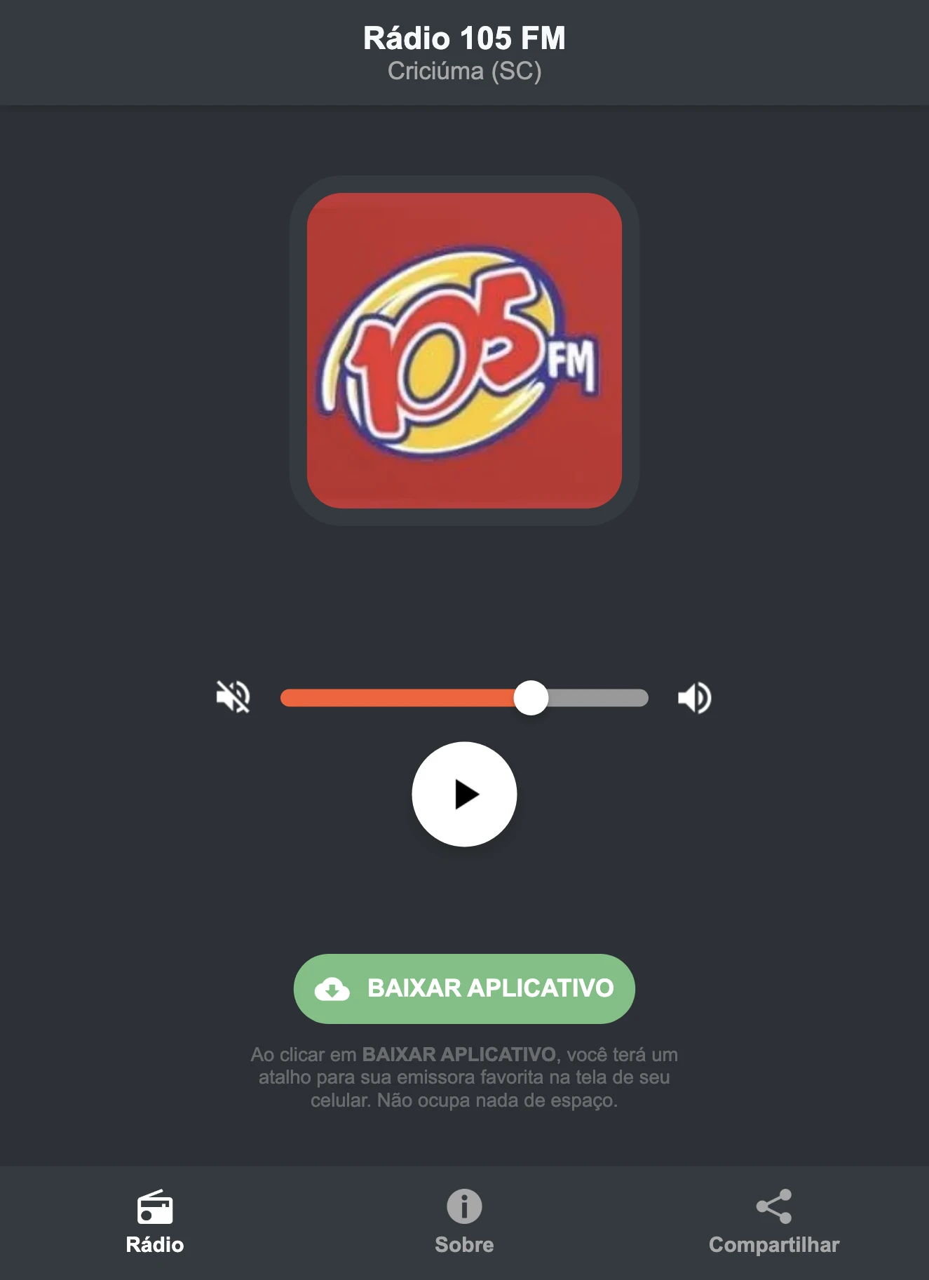 Screenshot do aplicativo da Rádio 105 FM