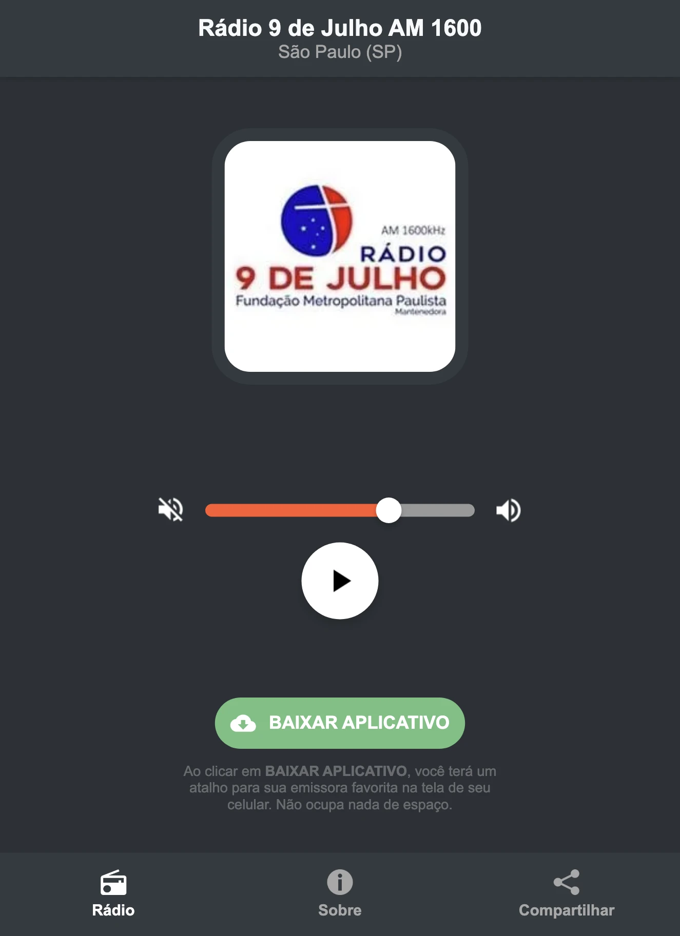 Screenshot do aplicativo da Rádio 9 de Julho AM 1600