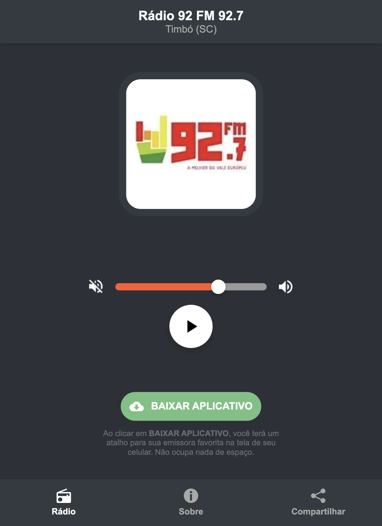 Screenshot do aplicativo da Rádio 92 FM 92.7