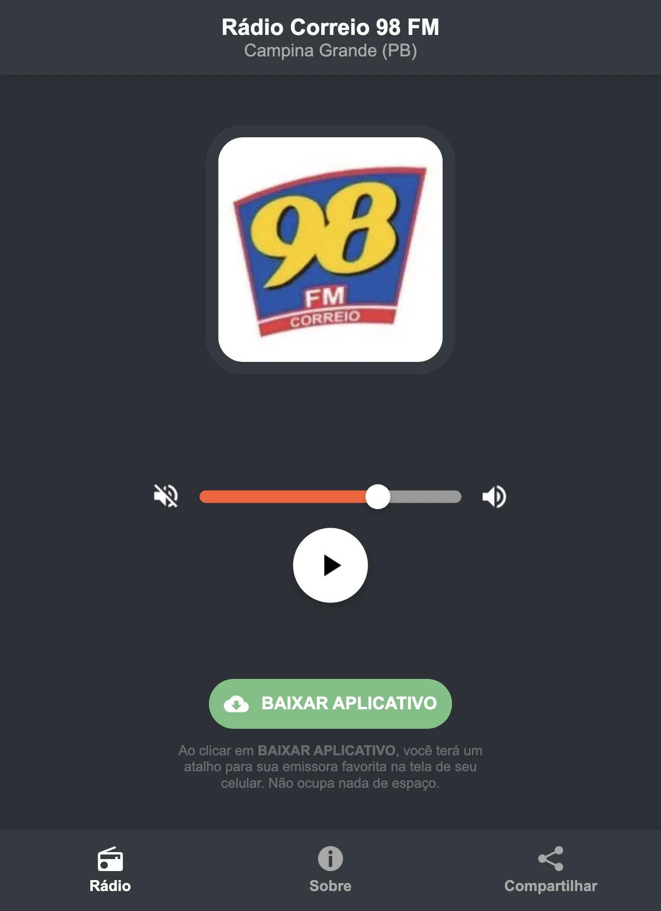 Screenshot do aplicativo da Rádio Correio 98 FM