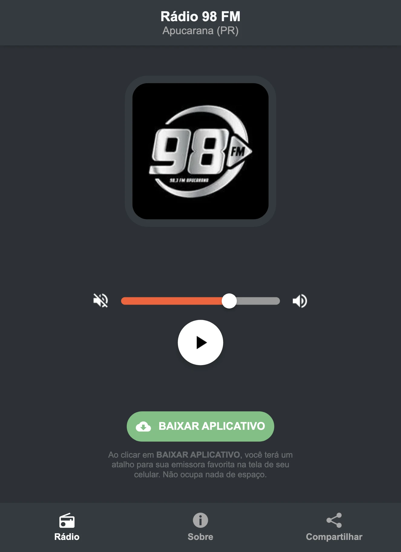 Screenshot do aplicativo da Rádio 98 FM
