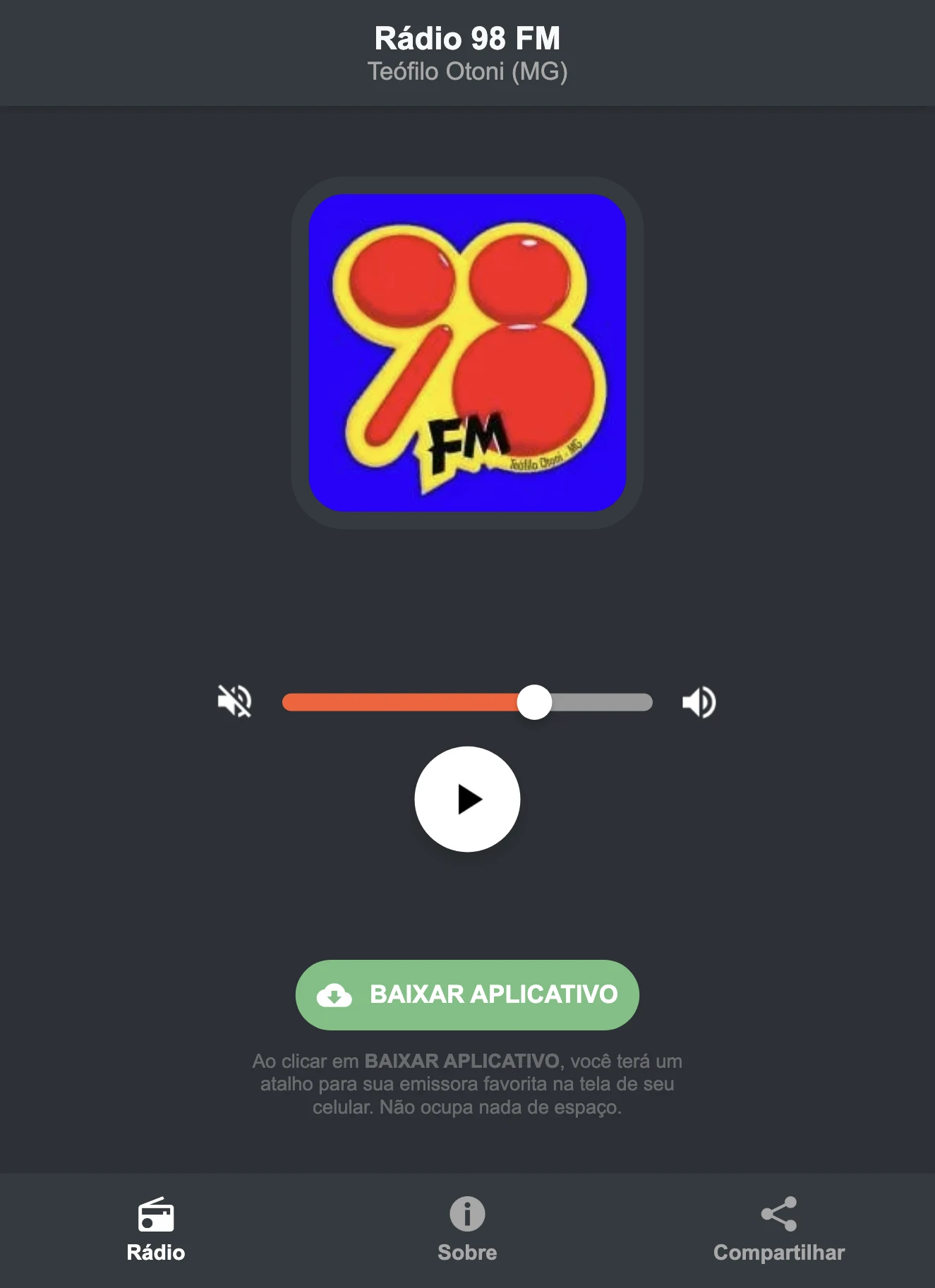 Screenshot do aplicativo da Rádio 98 FM