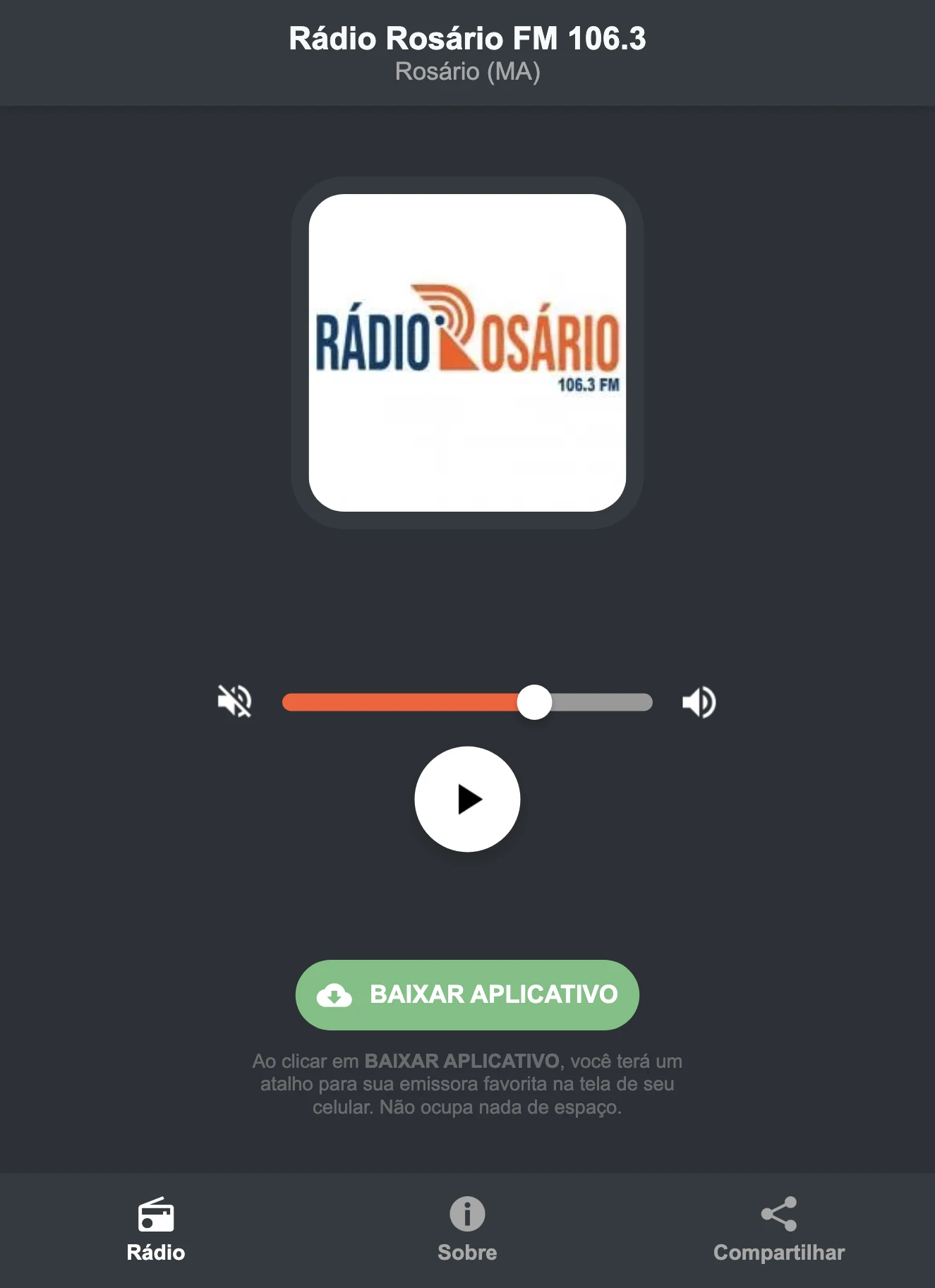 Screenshot do aplicativo da Rádio Rosário FM 106.3