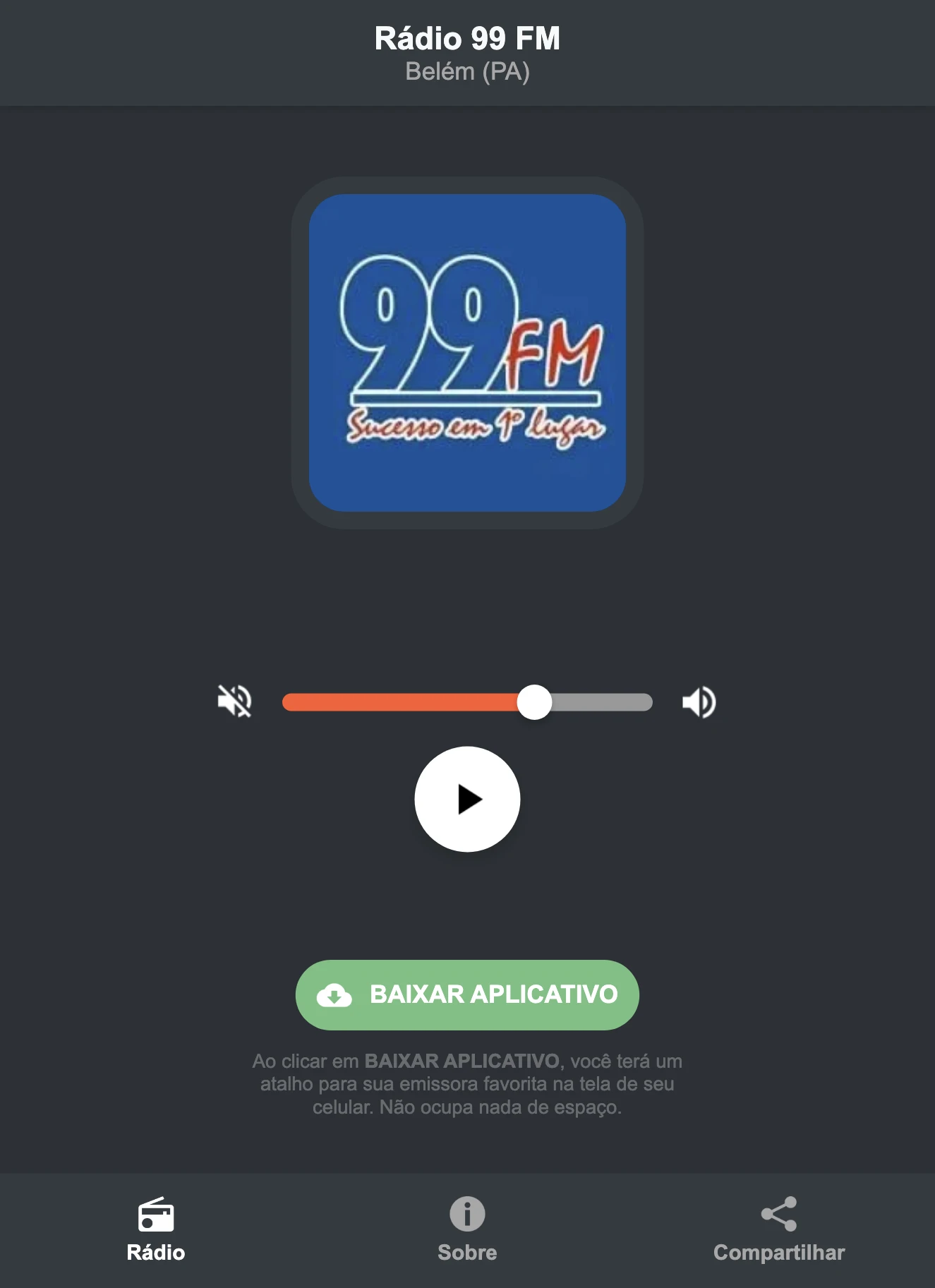Screenshot do aplicativo da Rádio 99 FM
