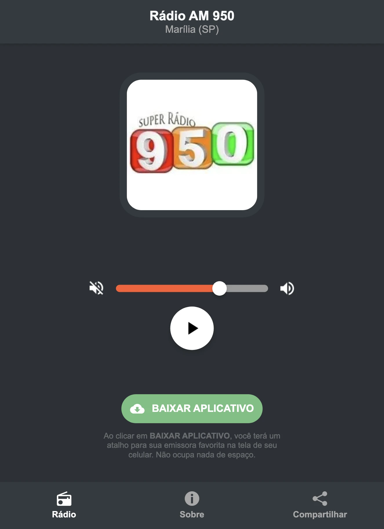 Screenshot do aplicativo da Rádio AM 950