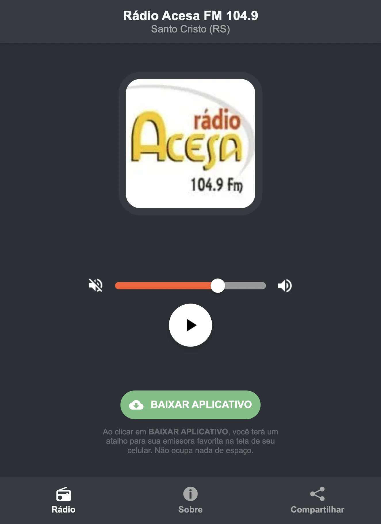 Screenshot do aplicativo da Rádio Acesa FM 104.9