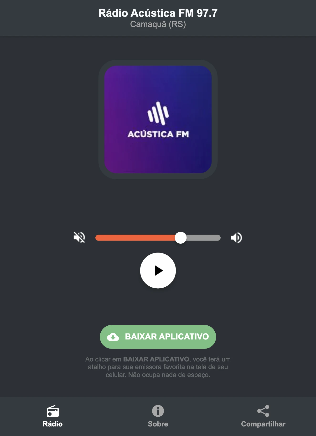Screenshot do aplicativo da Rádio Acústica FM 97.7