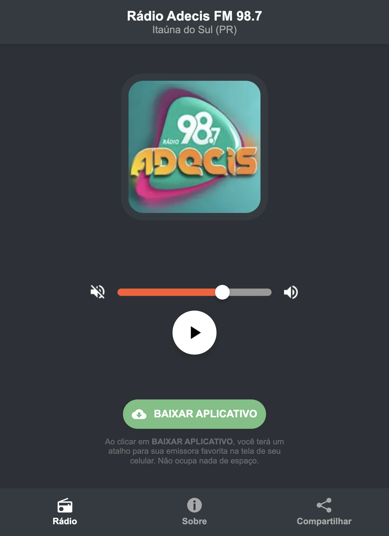 Screenshot do aplicativo da Rádio Adecis FM 98.7