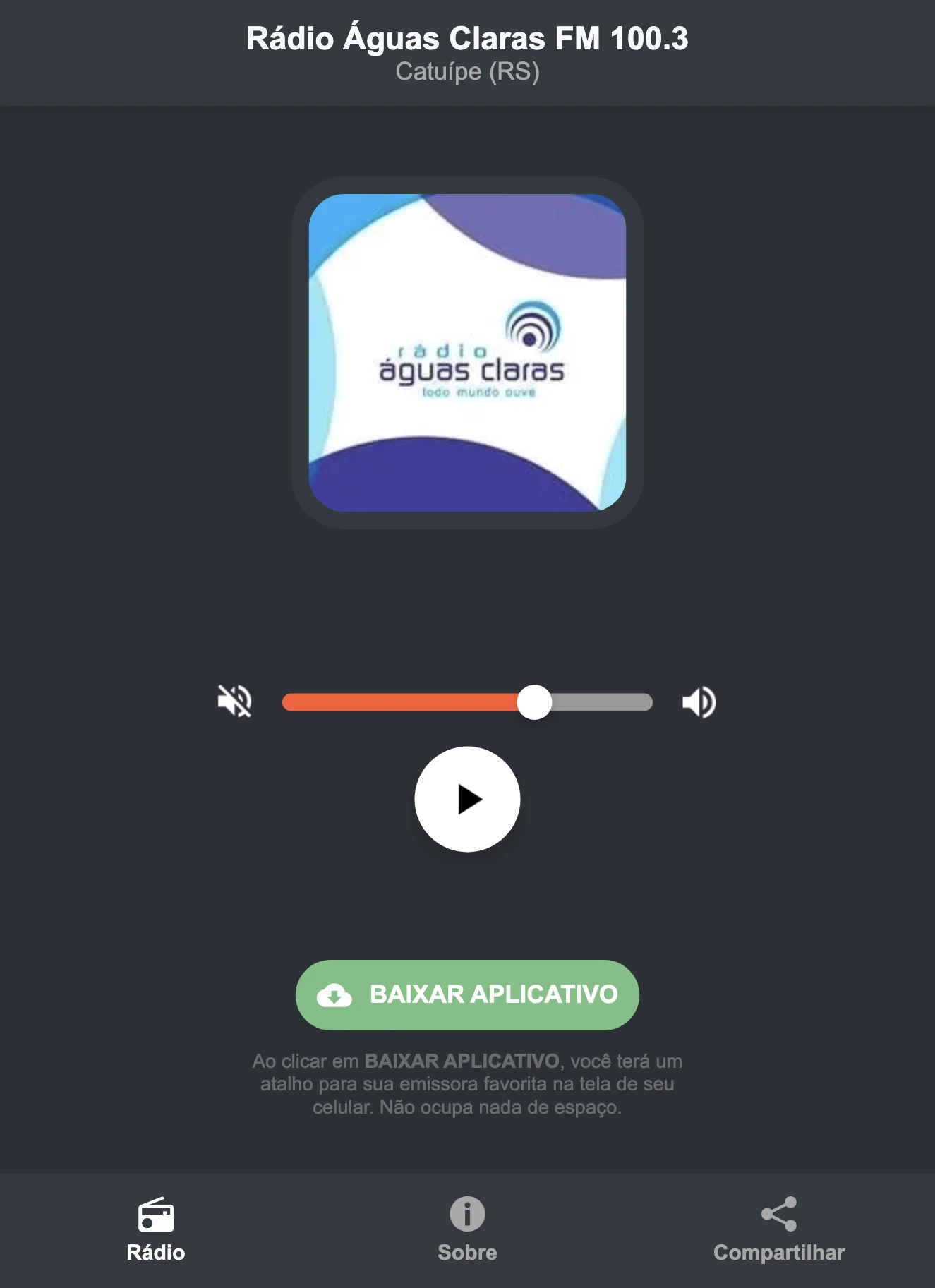 Screenshot do aplicativo da Rádio Águas Claras FM 100.3