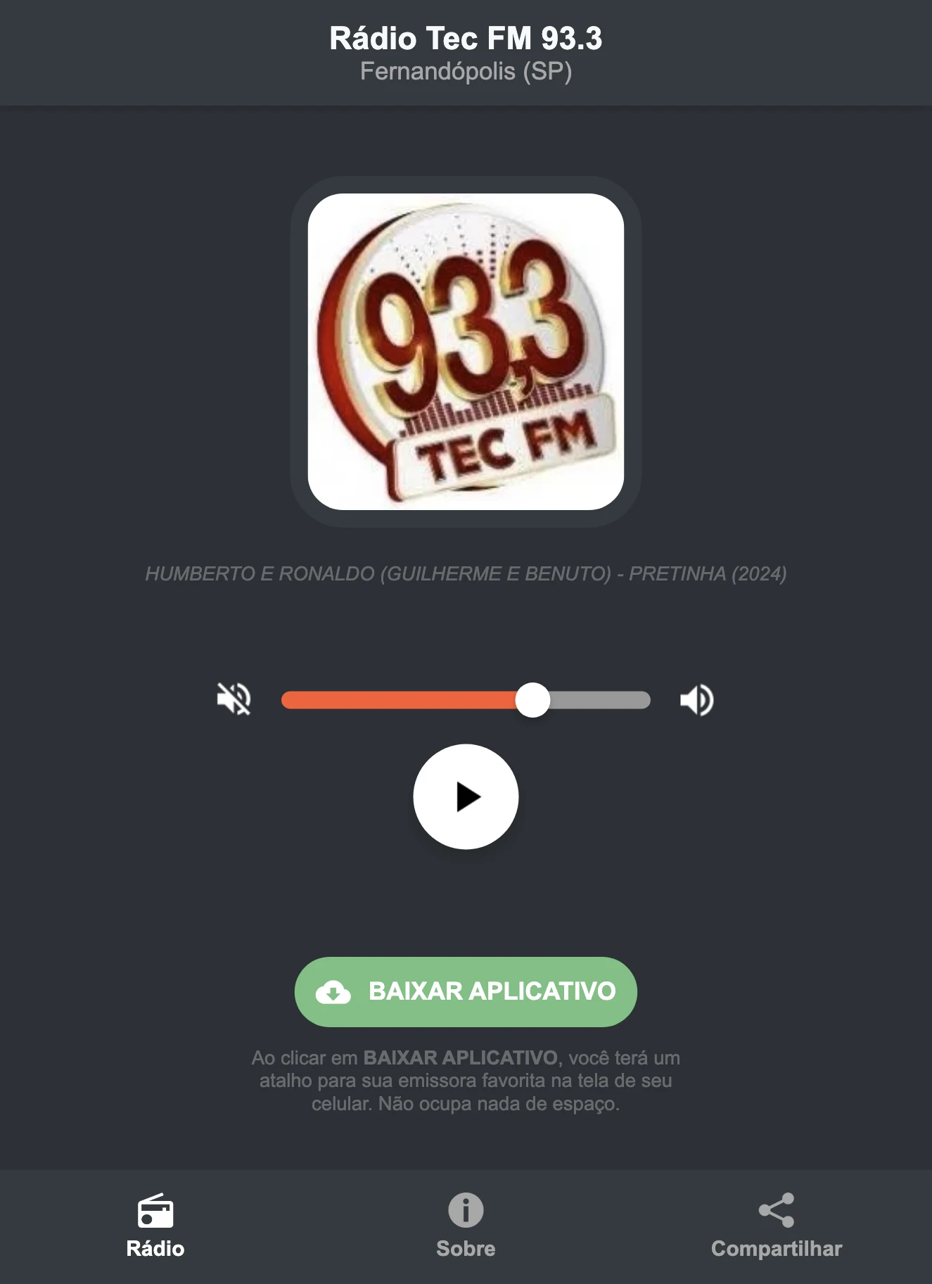 Screenshot do aplicativo da Rádio Tec FM 93.3