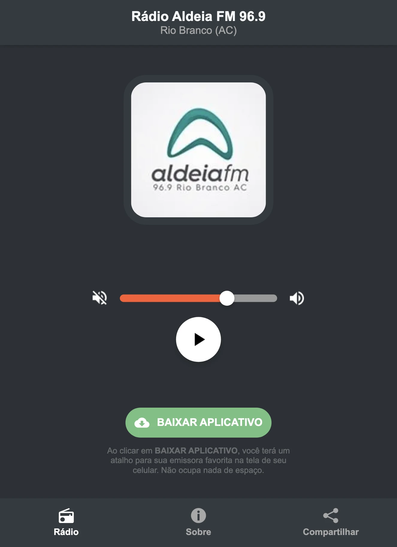 Screenshot do aplicativo da Rádio Aldeia FM 96.9