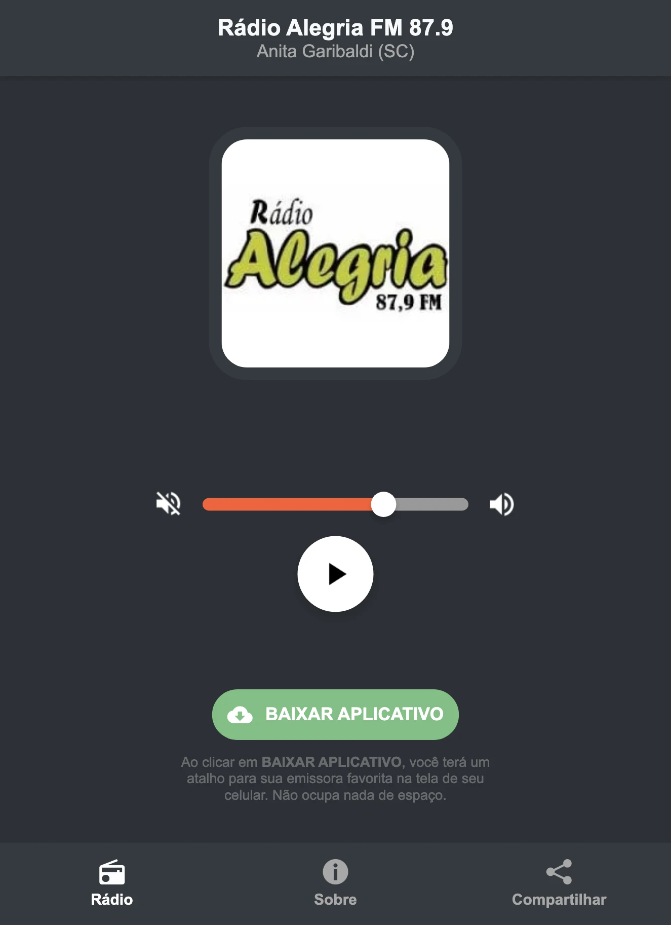 Screenshot do aplicativo da Rádio Alegria FM 87.9