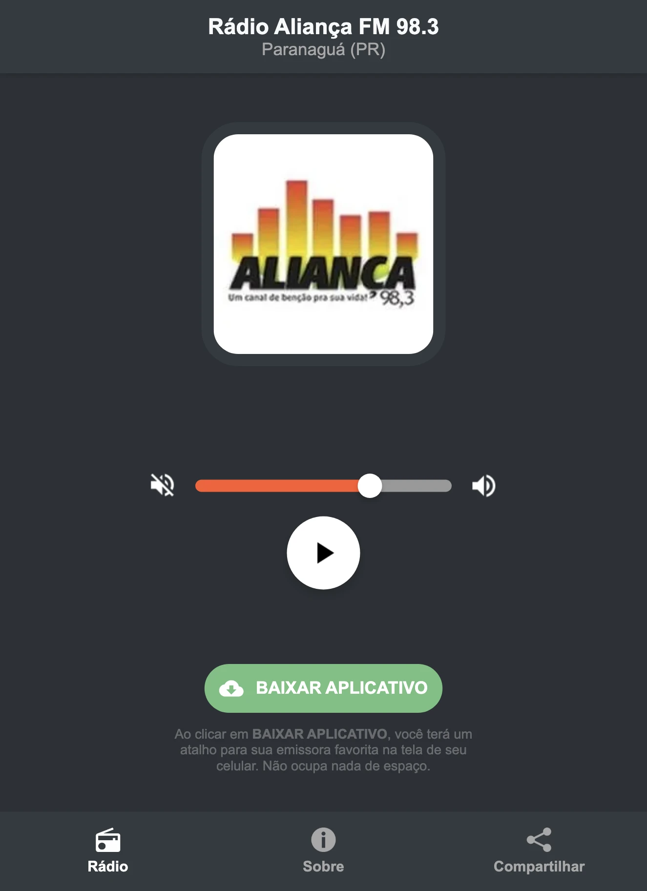 Screenshot do aplicativo da Rádio Aliança FM 98.3
