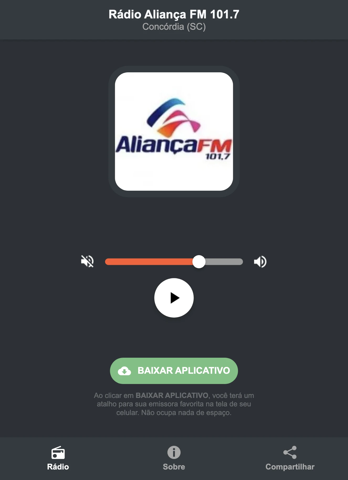 Screenshot do aplicativo da Rádio Aliança FM 101.7