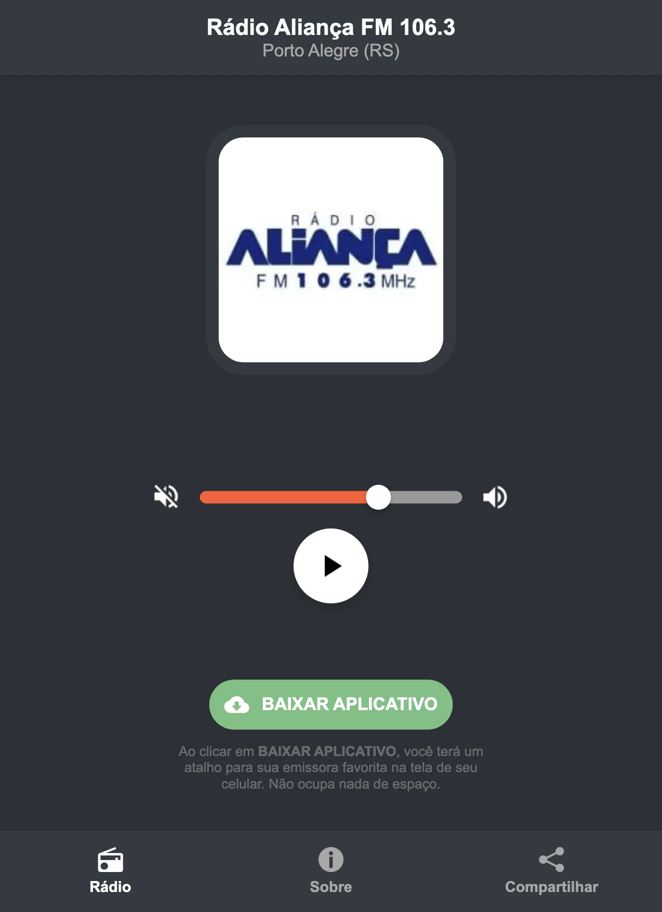 Screenshot do aplicativo da Rádio Aliança FM 106.3