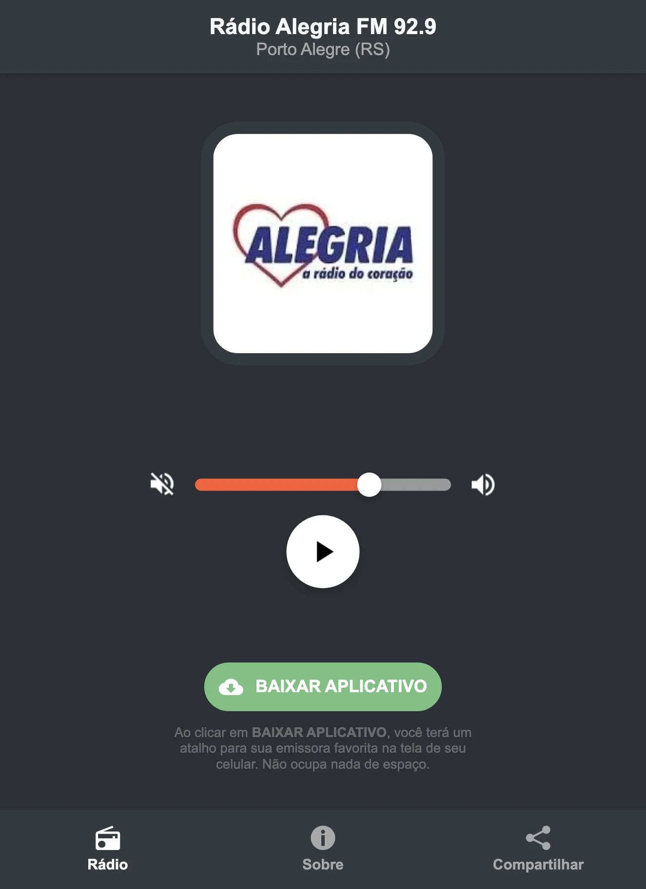 Screenshot do aplicativo da Rádio Alegria FM 92.9