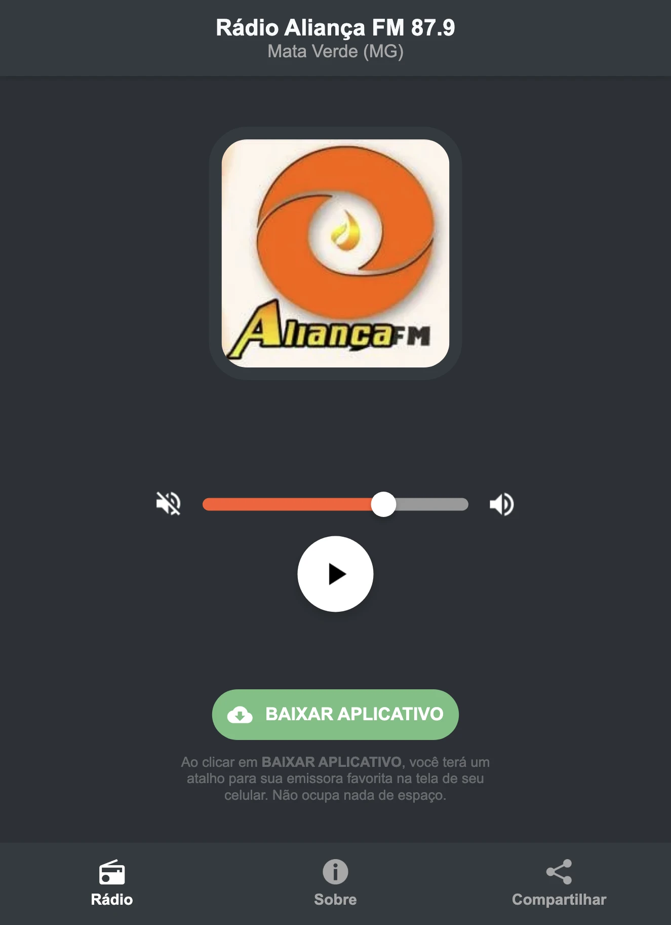 Screenshot do aplicativo da Rádio Aliança FM 87.9