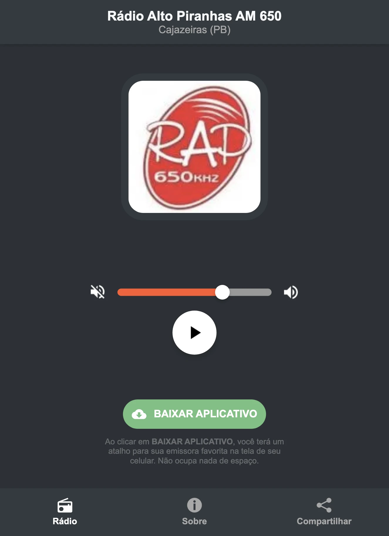 Screenshot do aplicativo da Rádio Alto Piranhas AM 650